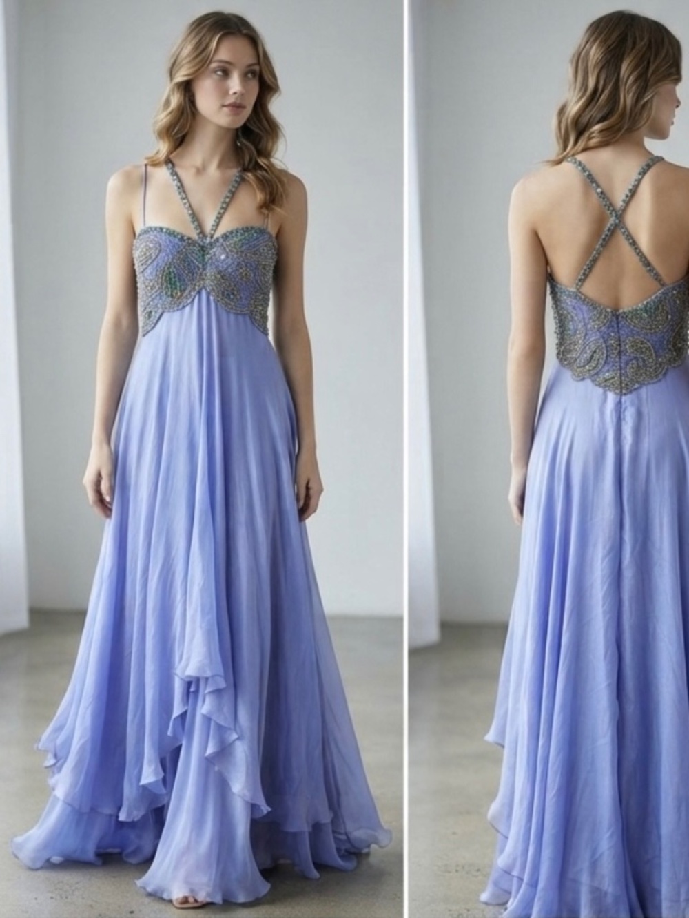 Sherri Hill Halter Periwinkle Blue Jeweled Rhinestone Long Dress Gown Women’s 12